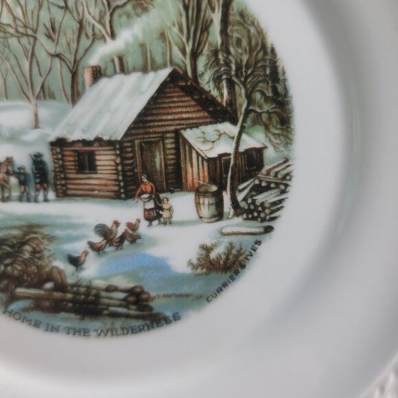 TWO Harker Pottery Currier and Ives Bread Plates Wilderness Feeding the Chickens - Picture 8 of 14